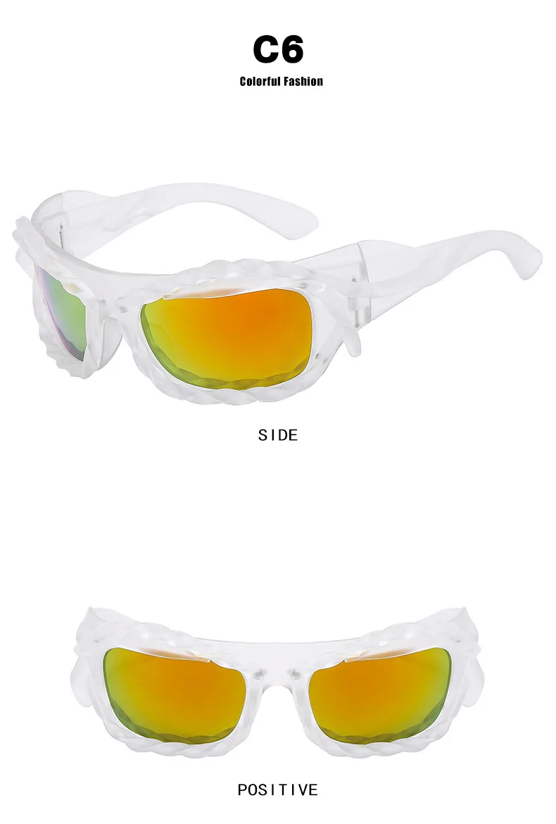 Einzigartige Hip-Hop-Y2K-Sonnenbrille für Damen und Herren, neue Sport-Sonnenbrille mit gedrehtem Design, Party-Sonnenbrille für Frauen, silberne Retro-2000er-Brille – Detail 12