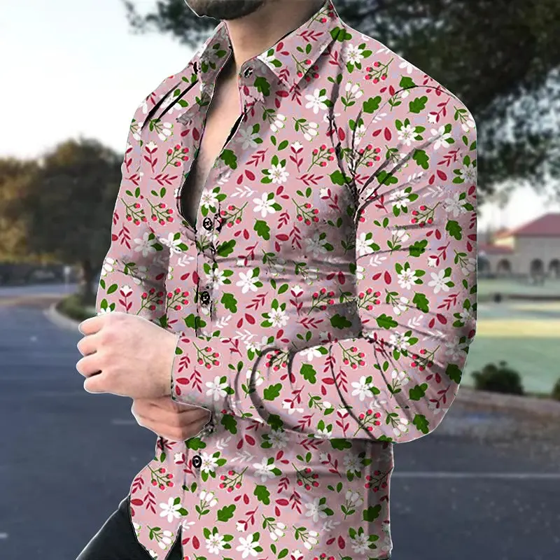 Camisa de manga comprida masculina com estampa floral, top estampado em 3D, roupa unissex casual, nova moda, primavera e outono, 2024