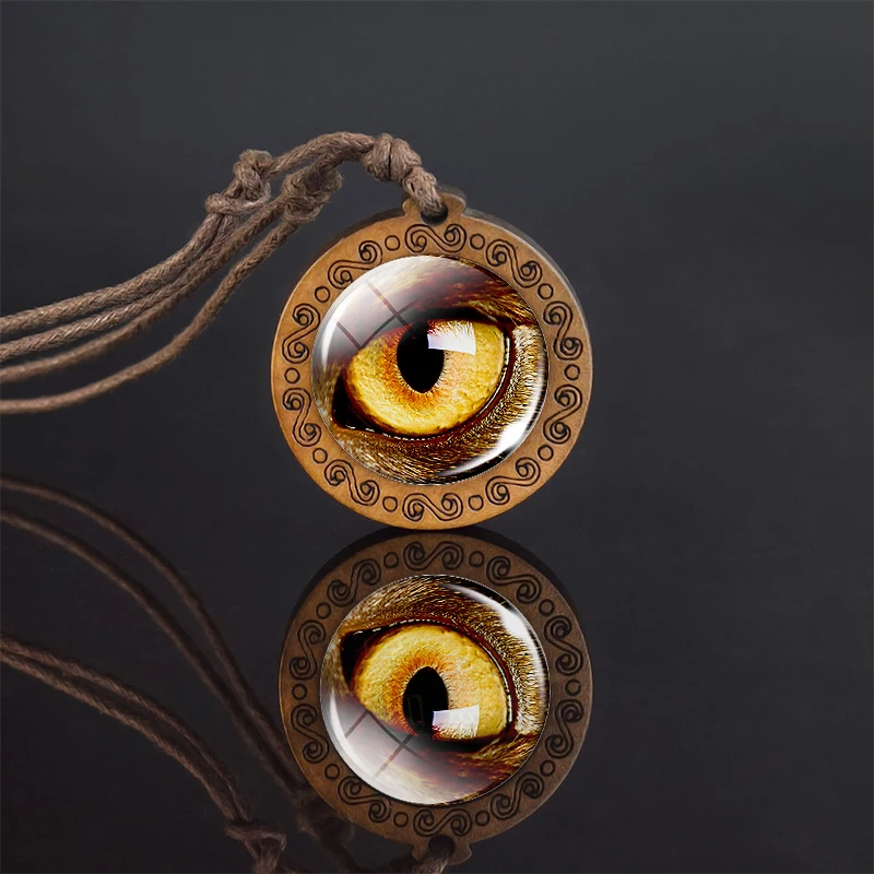 Animal Eyes Dragon Snake Owl Cat Tiger Eyes Glass Cabochon Necklace Handmade Wood Pendant Rope Chain Necklace for Men Women