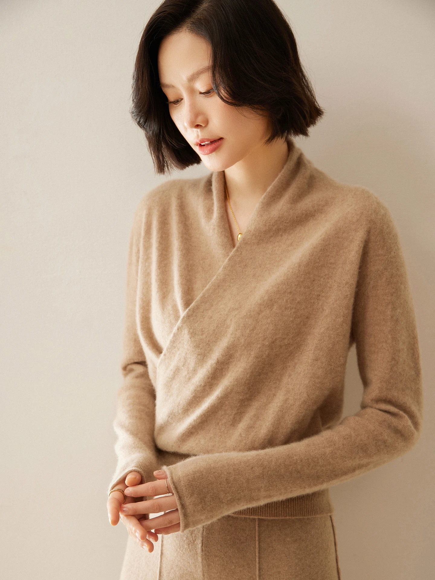 Autumn Winter Women's 100% Cashmere Sweater Crossover Collar Pullover Basic Grace Cashmere Office Lady Knitwear Tops
