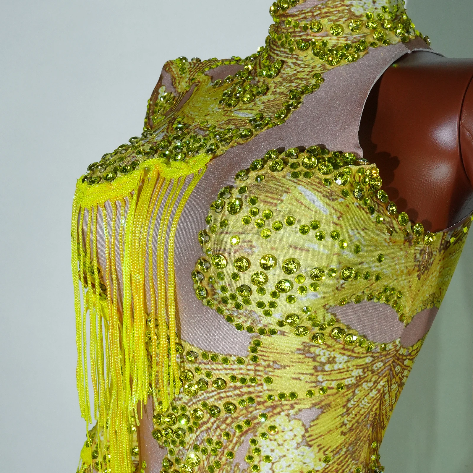 Body de diosa amarilla para mujer, cuello alto, manga única, diamantes de imitación, lentejuelas, Drag Queen, Cabaret, disfraz de escenario actuación en club nocturno