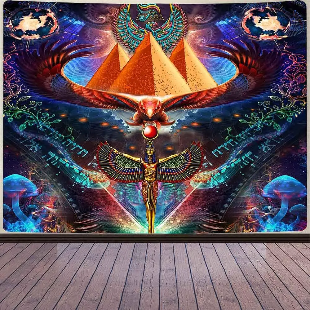 Egyptian Mythology Pyramid of Horus Eyes Fantasy Mushroom Plant Flannel Tapestry - Large Size 80x60 Inches for Bedroom & Living