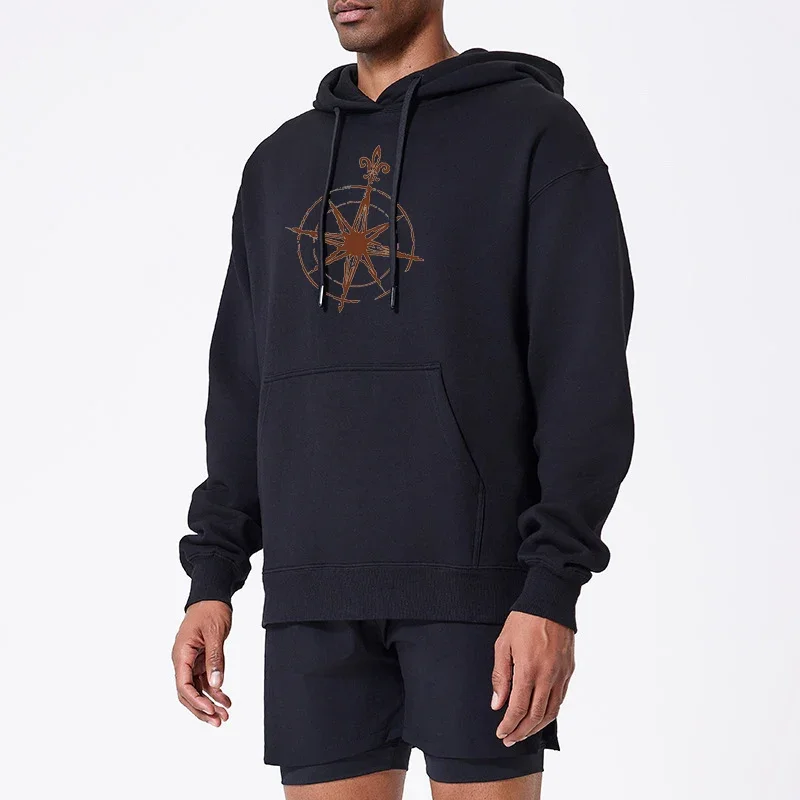 Trendy and Fashionable Vintage Compass Printed Hoodie Casual Sportswear Loose Top Pullover Men's Hooded Sweatshirt Street Wear