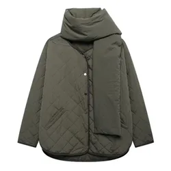 Fashion Casual Loose Quilted Cotton Jacket With Scarf Vntage Armygreen Log Sleeve Winter Coats Solid Streetwear Fall Outerwears