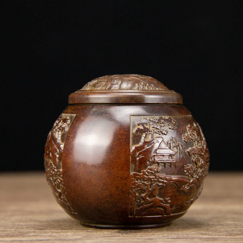 Small brass canister, sealed for storing Pu'er tea, household metal , copper-colored landscape jar