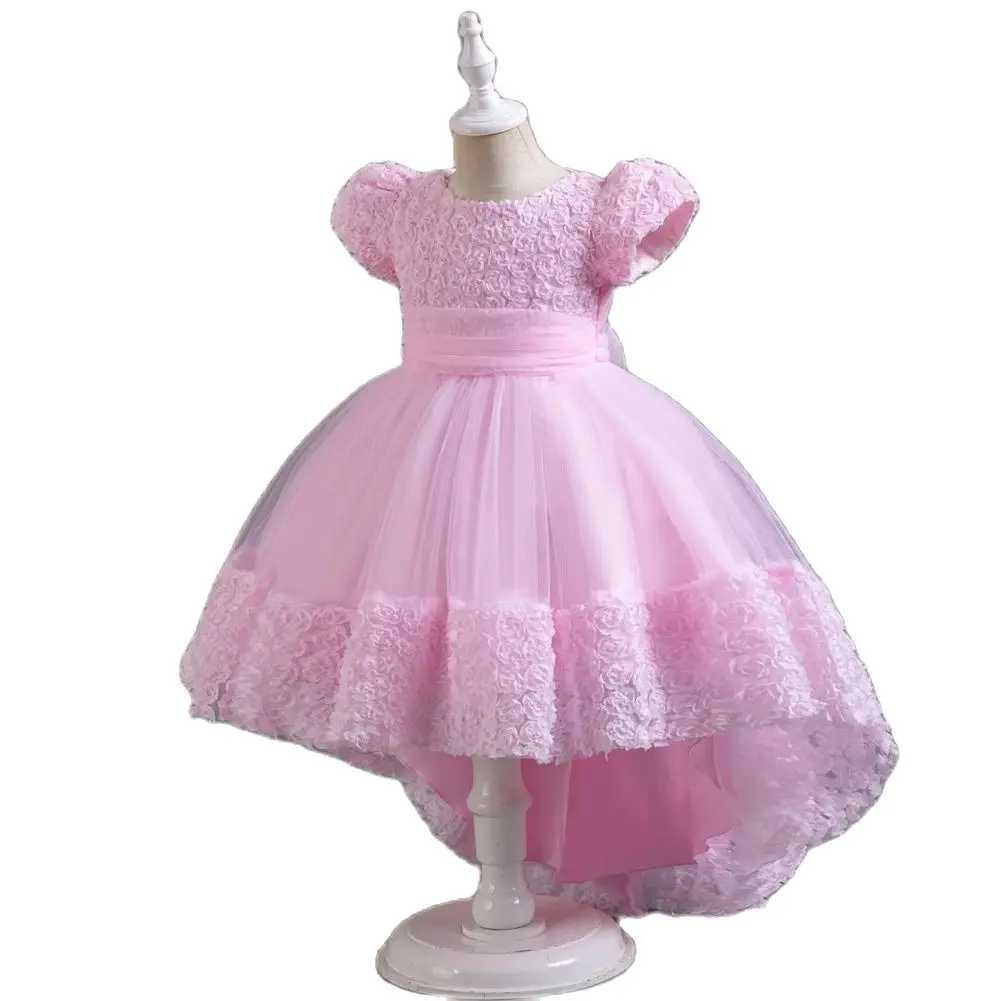 Pink European style flower girl wedding dress for 3 to 12 Year Kids Tail Birthday Party Dress Short sleeved child ball dress