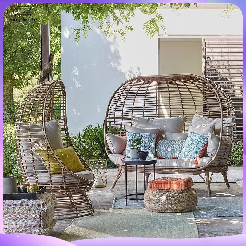 Outdoor Round Rattan Nest Sofa Set Nordic Style Lazy Lounge Chair for Patio Courtyard Garden Balcony Outdoor Furniture with
