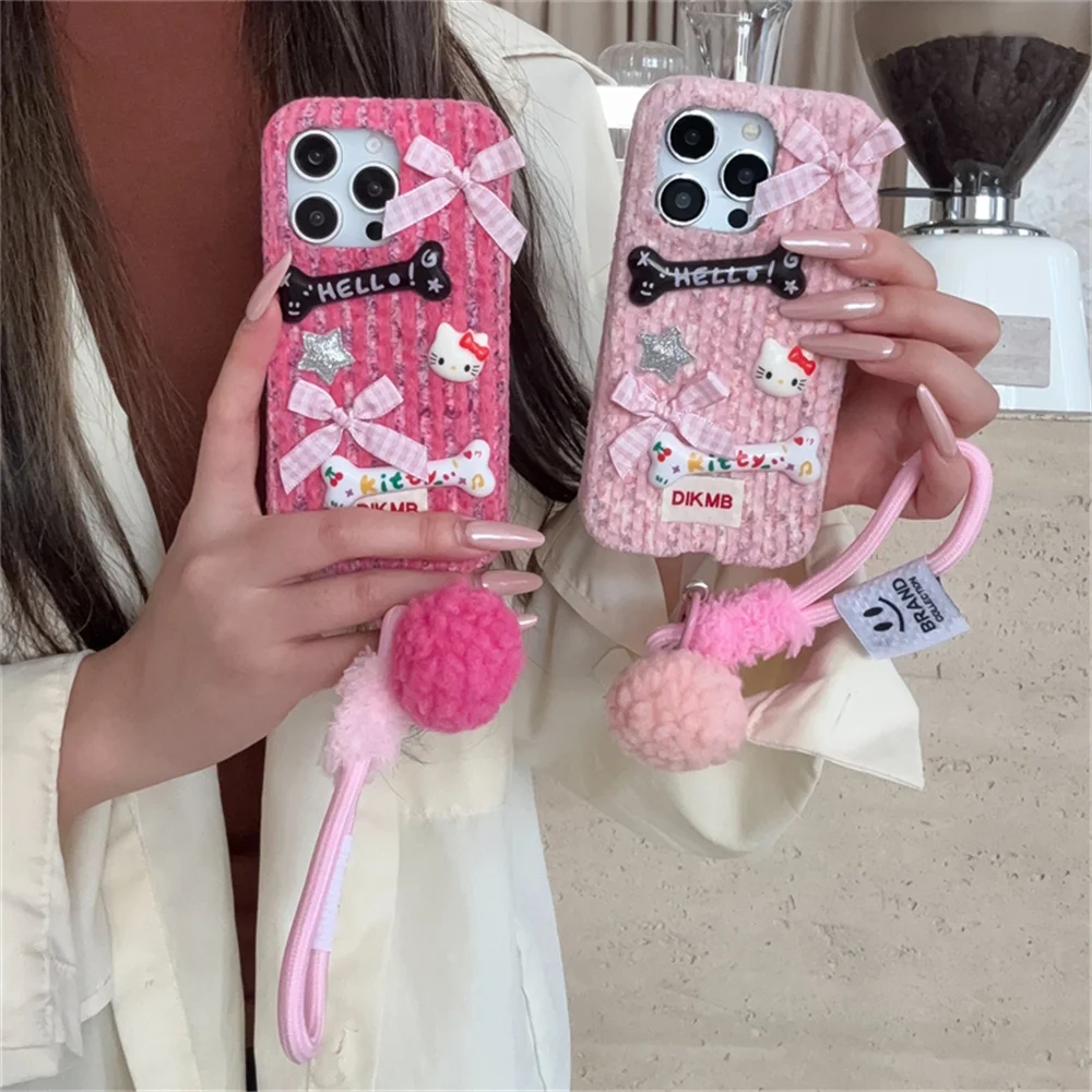 

Warm Fluffy Plush 3D Hellokitty Phone Shockproof Back Cover for iPhone 17 Pro 13 14 15 16 Pro Max Cover Cute Bow Funda with chai