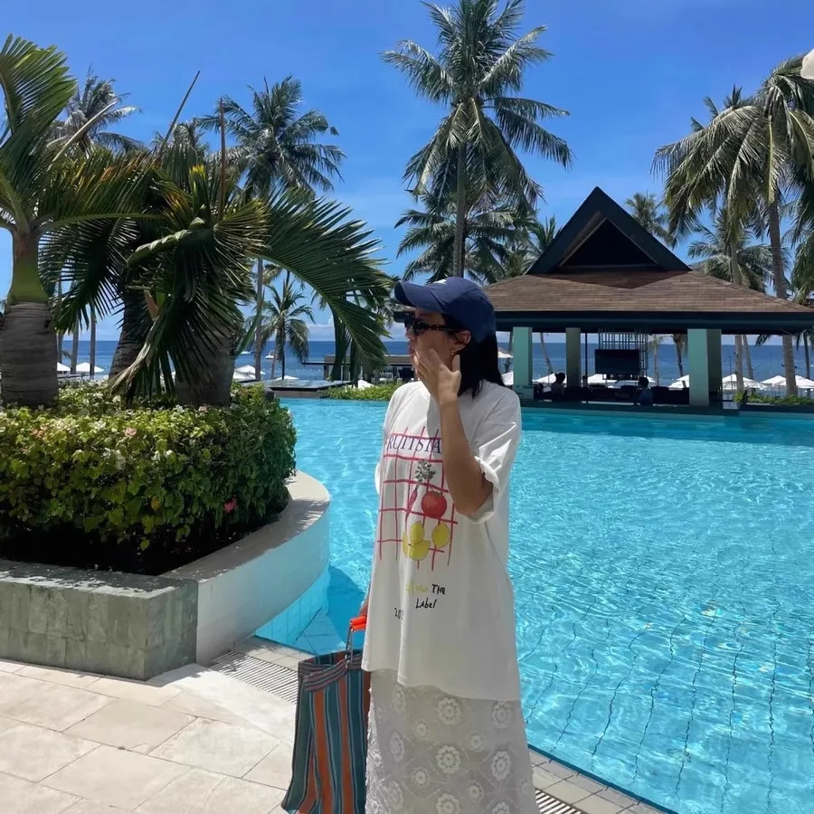 2025년 여름 캐주얼 슬리 여성 티셔츠 프린트 루즈핏 라운드 넥 면 100% 재미있는 채소 패턴 탑