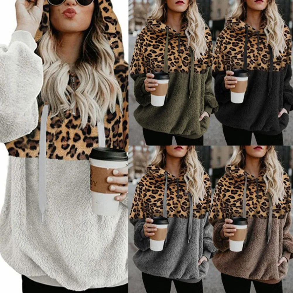 Women\'s New Fashionable and Personalized Street Style Casual and Versatile Long Sleeved Leopard Print Patchwork Zippered Hoodie