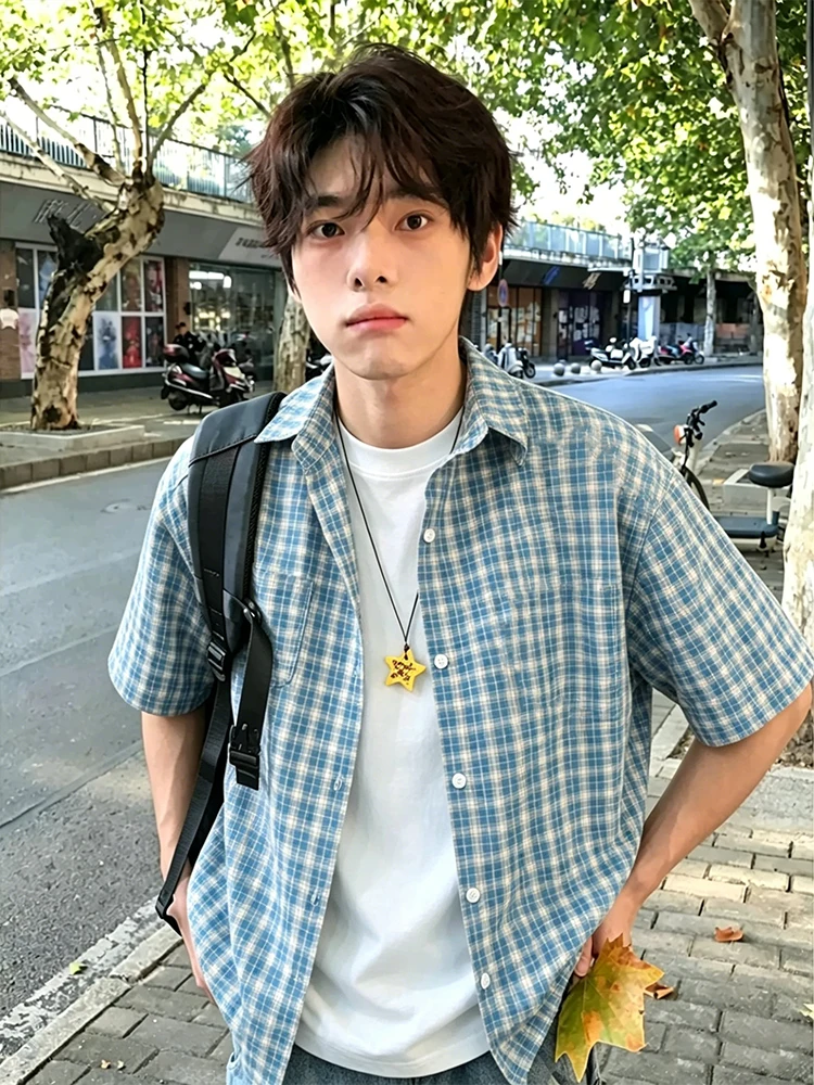 

Boys Summer Checkered Shirt Short Sleeve Men's Casual Style Sun Protection Five-Button Lapel Thin Outerwear Loose Fit Shirt