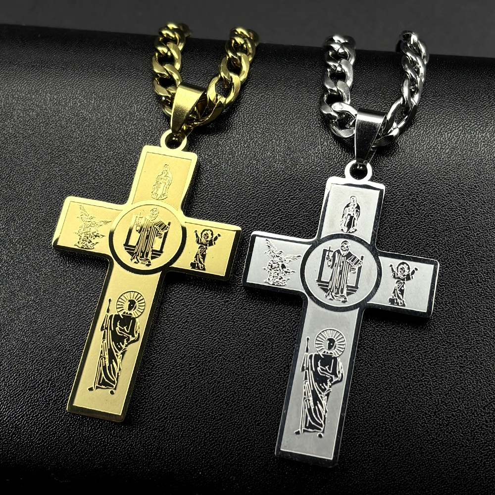 Christian Multi Saints Cross Benedict Pendant Necklace Stainless Steel ST Michael Judas Virgin Mary Jesus Chain Jewelry Gift