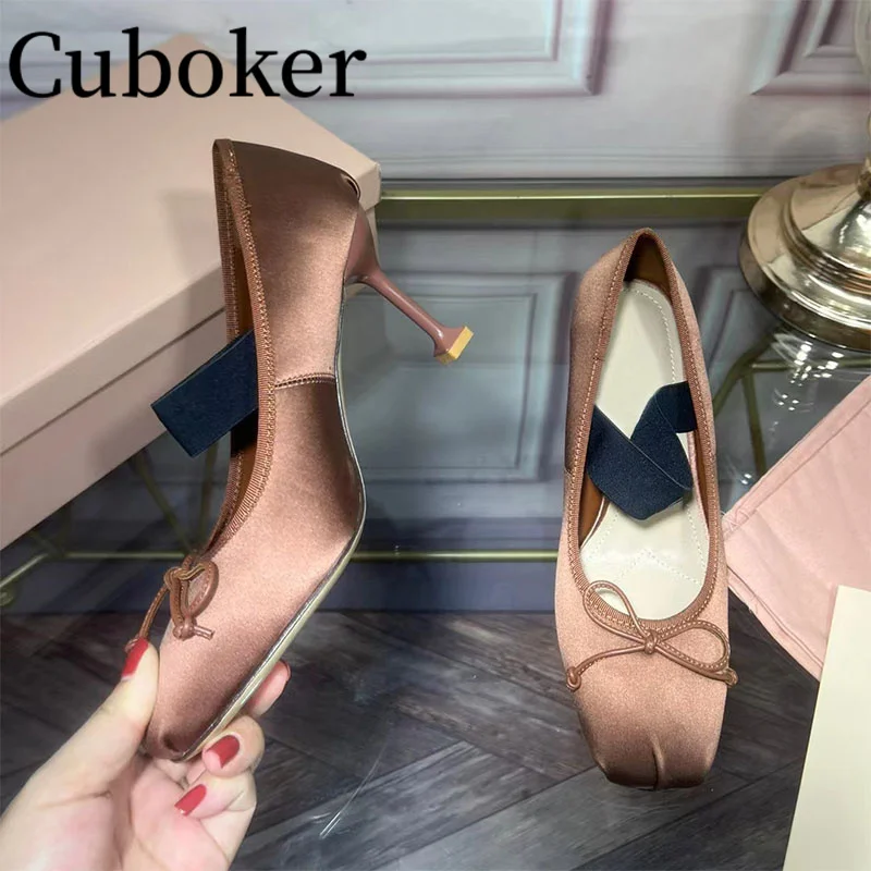 

2023 Elegant Lady Formal Loafer Shoes Bow Knot Mules Women High Heel Shoes Dance shoes Silk Elastic Band Vintage Mary Jane Shoes