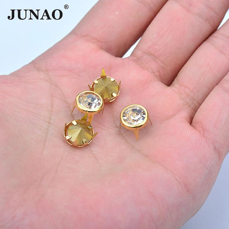 JUNAO Top Quality 50Pcs 10mm Gold Claw Rhinestone Rivet Decoration Metal Studs Diamond Spikes For Leather Clothes DIY Crafts