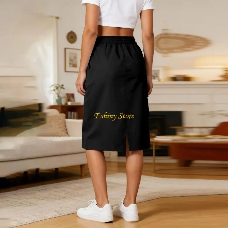 N58F Women's Cargo Skirt Elastic High Waist Utility Workwear Skirts with Multi-Pockets Loose A-Line Casual Outdoor