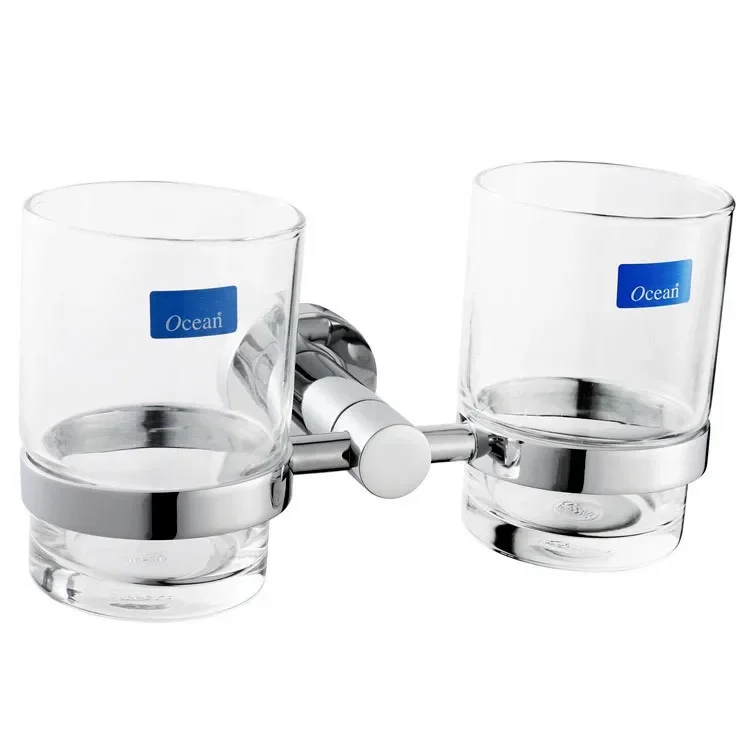 Double Tumbler Holder/Toothbrush Cup Holder, Brass Base with Chrome finish+Glass Cup GB001G