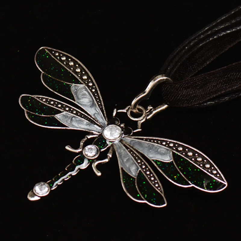 Vintage Enamel Dragonfly Pendant Necklace For Women Choker With Rhinestone Ribbon Wax Rope Chain Necklace Jewelry Gift