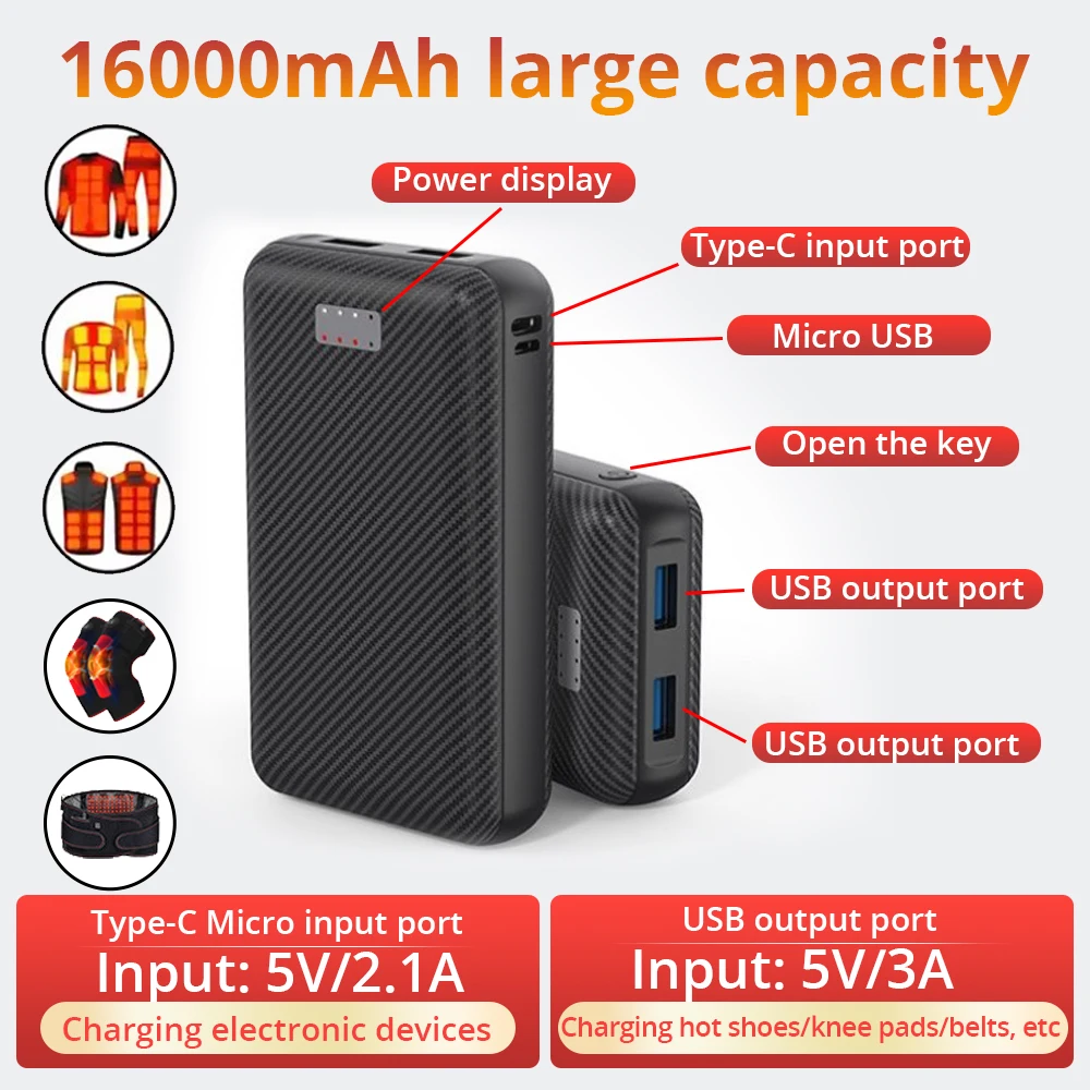 Battery 16000mAh Portable Heating Power Bank for Heating Vest Jacket Gloves Electric Heating Equipment DC Power Bank