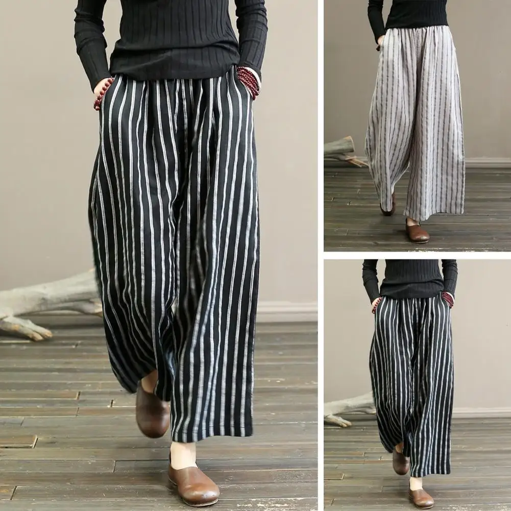 High Quality Vintage Black Grey Oversized Pants Women Clothing Casual Cotton Linen Pants Striped Leisure Loose Wide Leg Trousers