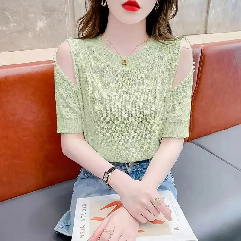 

2024 Summer New Fashion Off Shoulder Loose Hollow Out Beading Round Neck Solid Color Short Sleeve Knitted T-shirts Women's Tops