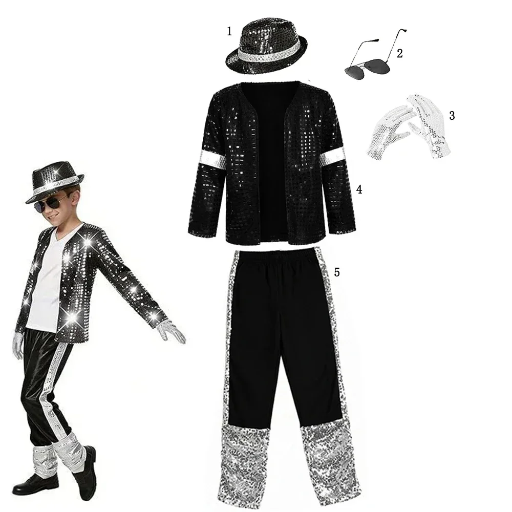 Retro Disco Pailletten-Kostüm für Jungen, Tanz-Performance-Outfit, Glitzermantel, Hose, Hut, Handschuhe, Halloween-Cosplay-Kleidung – Detail 7