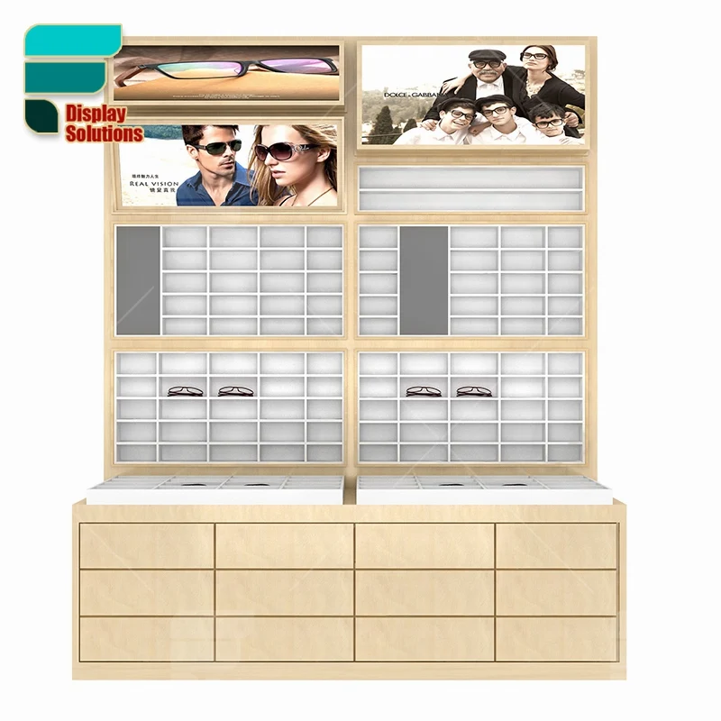 Customized-Eyewear Kiosk Drawer Type Compartment Wood Veneer Display Table Wall Mount Eyeglass Displays With Light Box