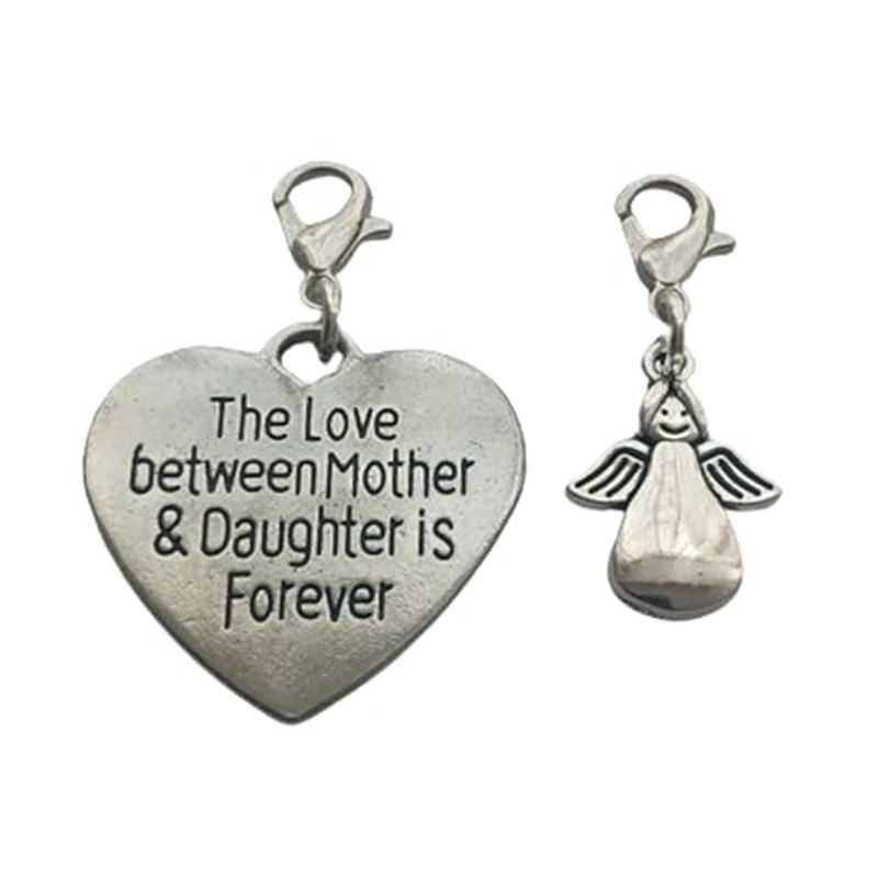 2pcs in set Heart and Angel Clip on Charm, The Love Between Mother and Daughter is Forever Zipper Pull Purse Charms Engraving