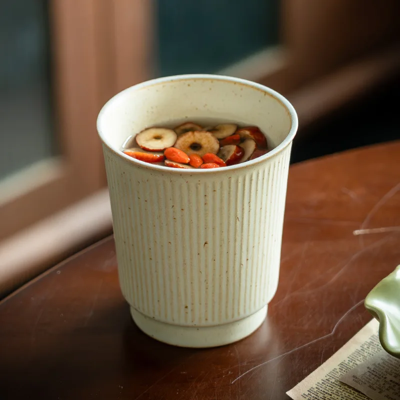 Embossed Vertical Stripes Handleless Ceramic Mug for Home Office Tea Coffee Wine Cup