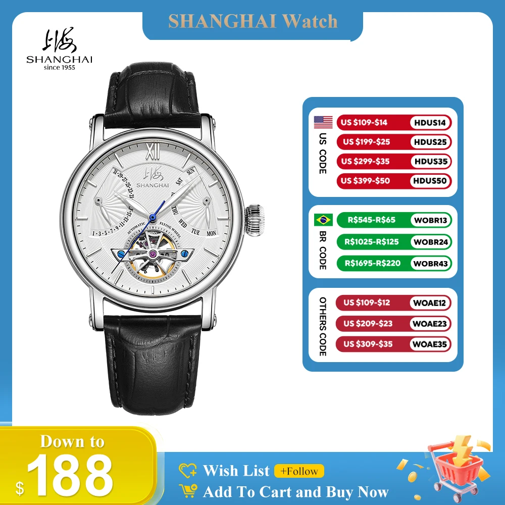 Shanghai Watch Skeletonized Flywheel Men's Mechanical Watch 42mm Automatic Watches Retrograde Day-Date Sapphire Wristwatch S8924