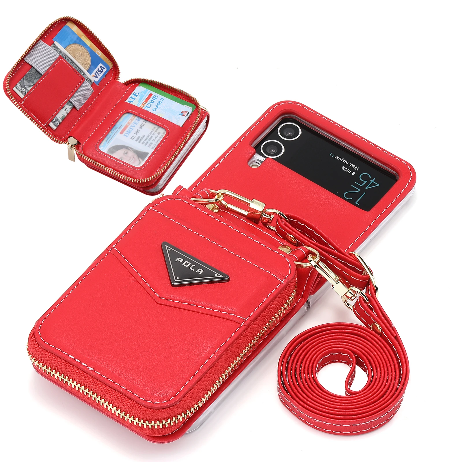 

Кожаный ремешок на молнии, кошелек-чехол для Samsung Z Flip 5 4 3 Flip5, плечевой ремень, держатель для карт, карманный чехол F