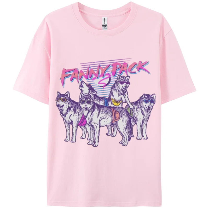 ユニセックスウルフプリントコットンTシャツ,半袖,ルーズ,クール,ヒップホップ,ブラック,ピンク
