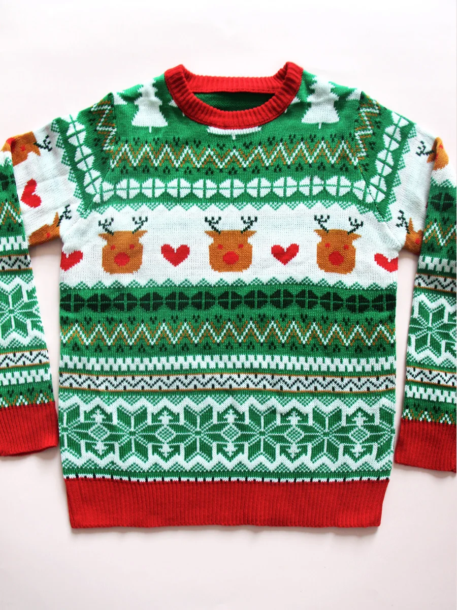 Verde camisola de natal feminino 2025 ano novo natal feio camisola o pescoço dos desenhos animados elk solto pulôver topo jumper outono inverno 39955
