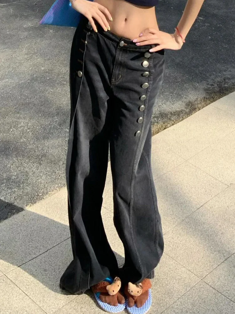 

American style retro symmetrical deconstruction metal buckle mid cut jeans for women summer straight leg loose casual long pants