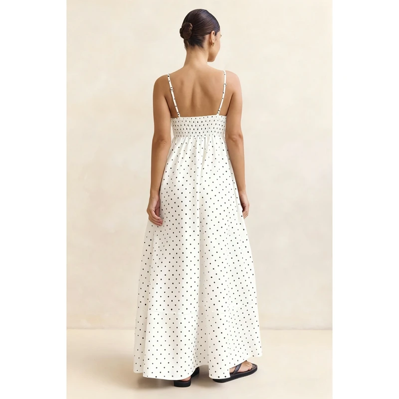 فستان نسائي صيفي سهل الارتداء منقط مطبوع بدون أكمام بحزام سباغيتي سموكيد بدون ظهر فستان طويل على شكل حرف A مع جيوب #6