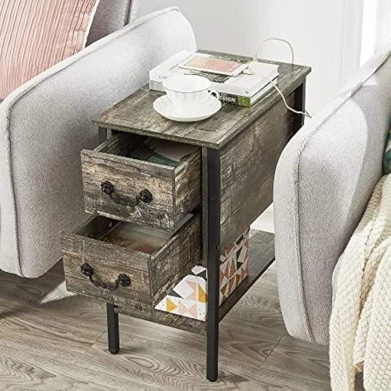 Narrow Nightstands with Charging Station & USB Ports &Drawers,Night Stand for Living Room, Bedroom, with Outlets