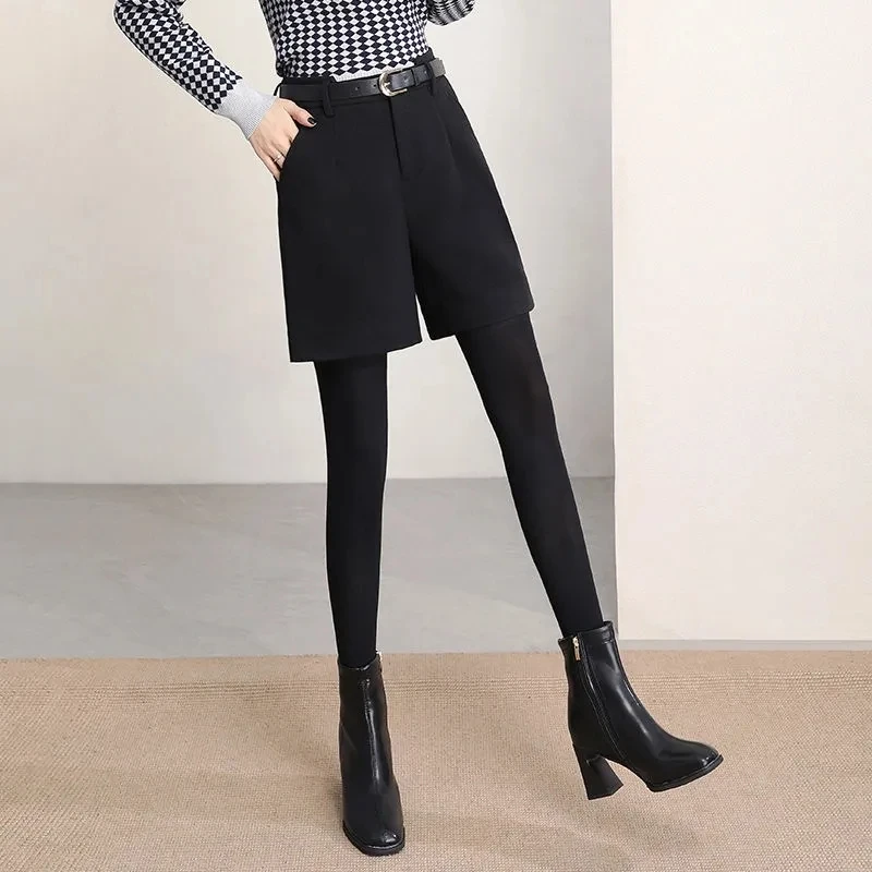 Women's Woolen Shorts Autumn winter High waisted A-line Wide leg Coffee Colored Suit thick Bottom Five quarter Pants Female