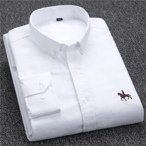 Chemises Oxford décontractées en pur coton pour hommes, manches longues, broderie cheval, coupe régulière, boutons à la mode, robe blanche