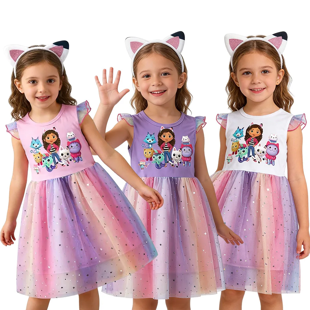 2 peças de vestidos de princesa para bebês meninas + faixa de cabelo, 2 peças de gatos de desenho animado para roupas infantis, fantasia de carnaval com mangas voadoras para crianças.