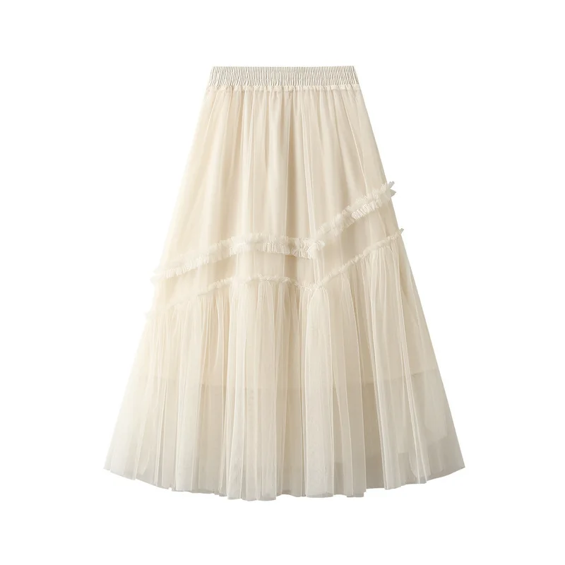 Bow Mesh Long Skirt For Women 2024 Spring Summer Sweet Chic Tulle A-Line Cake Skirts Female High Waist Tutu Casual Midi Skirt