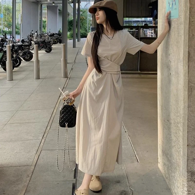 Women Apricot Gray Short Sleeve Maxi Dress Lady Casual Vacation Cross-Over Wrap Waist A-Line Dress Female City Walk Picnic Dress