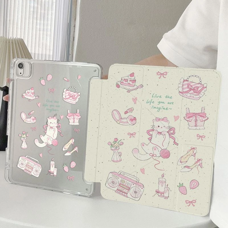 Cute Pink Bow Cat Tablet Case For iPad Pro 11 12.9 13 A16 M2 M4 M3 M5 Shell 8.3 9.7 10.2 5/6/7/8/9/10/11th Mini Air 3 4 5 Cover