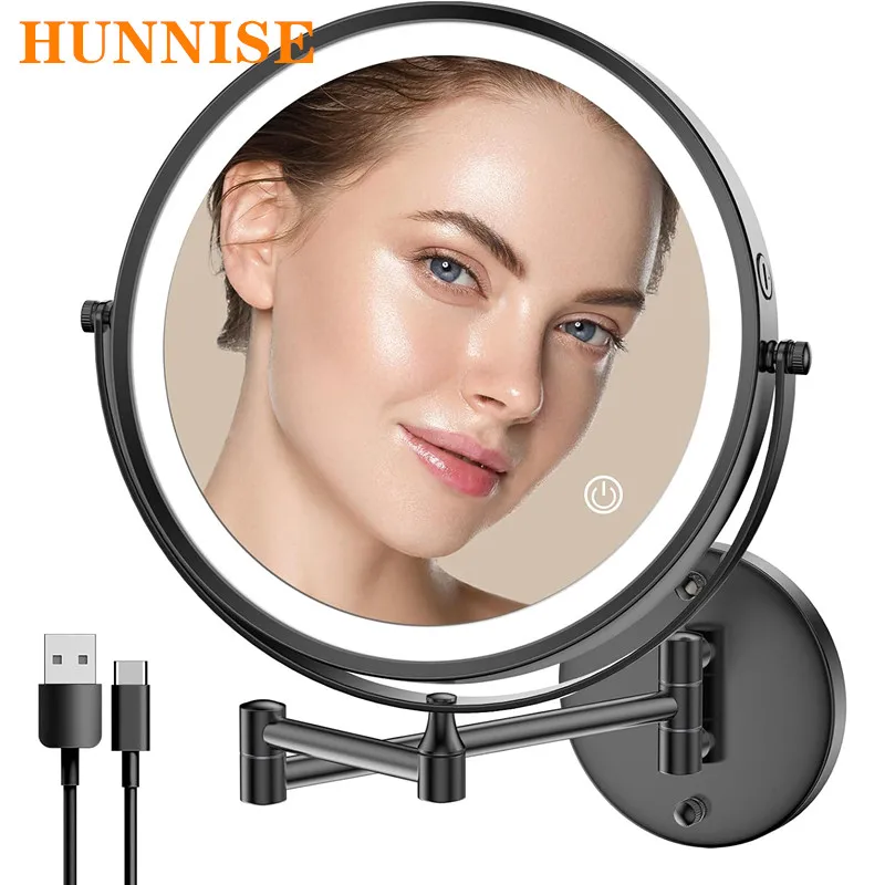 

Black Touch Led Folding Bathroom Mirrors Wall Mounted 5X Magnifying Led Light Makeup Mirror Double Facet Led Folding Bath Mirror