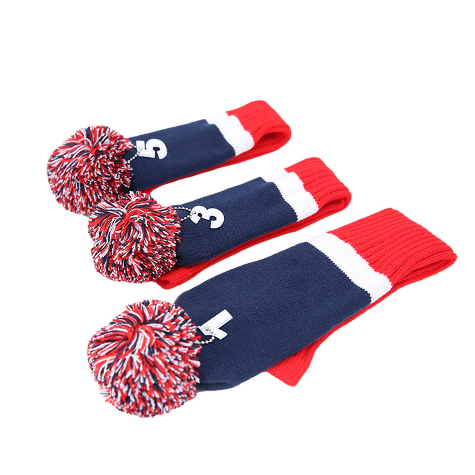 Blue Red 3Pcs/Set Golf Club Knitted Cover Color Block Long Style Head Covers with Pom-Pom and Number Tag for Woods view 4