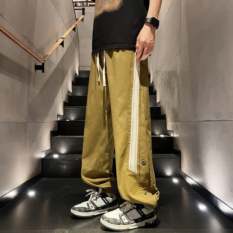 2024 New Casual Pants for Men's Summer Side Button Sports Pants Loose Quick Drying Ice Silk Fashion Hip Hop Leggings