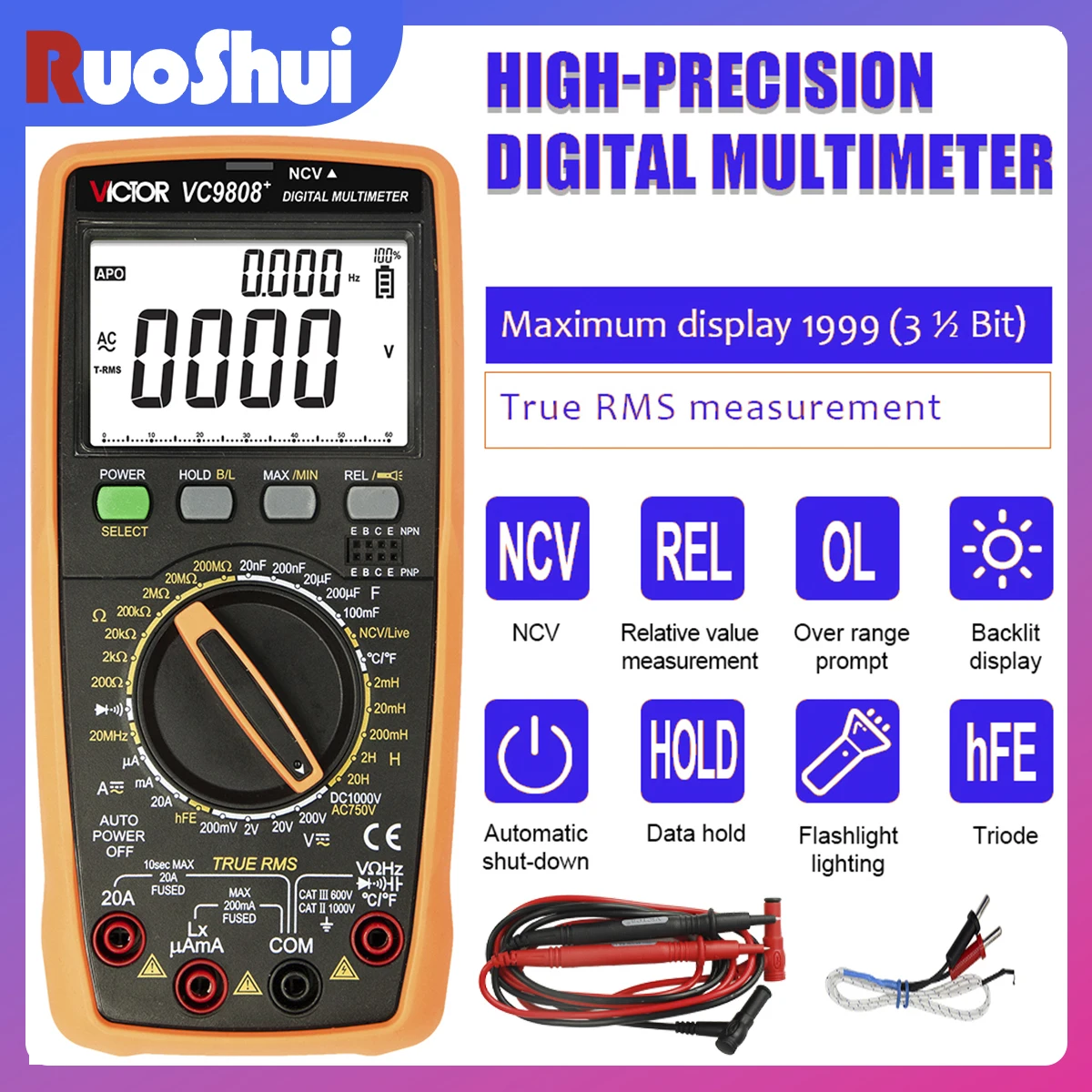 RuoShui VC9808+ Digital Multimeter 2000uF Capacimeter 10MHz Frequency Temperature and Inductance Measuring with LCR Tester