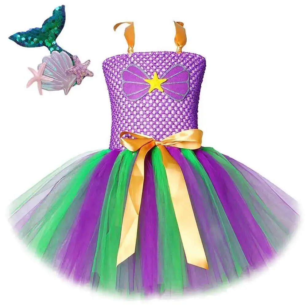 

Baby Girls Mermaid Costumes for Kids Birthday Halloween Sea-maid Tutu Dress with Fish Tail Hairclip Children Carnival Clothes