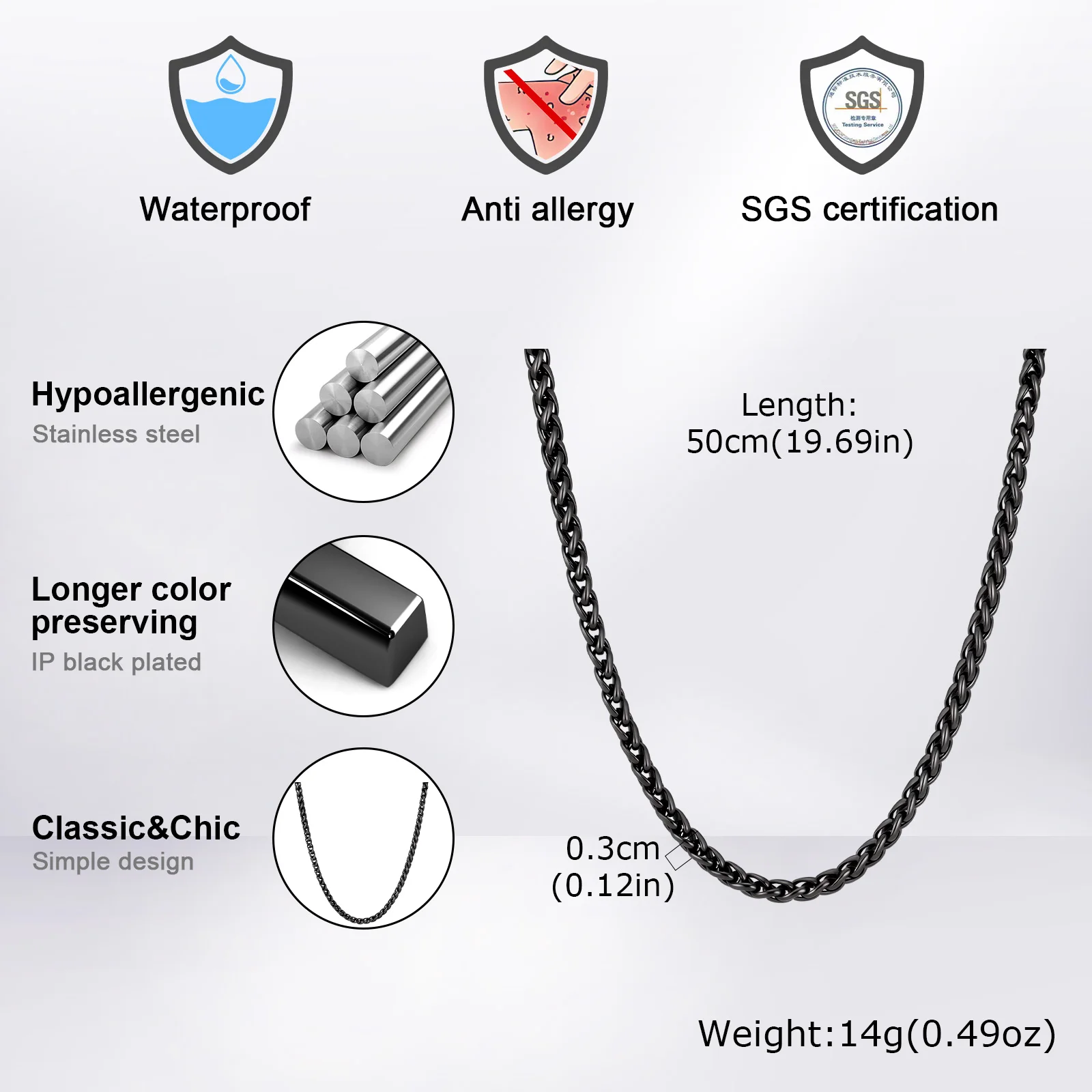 Stainless Steel Wheat Chain Necklace for Men Boys,3mm Silver Gold Black Color Chain Link Collars,Rock Punk Jewelry Gift