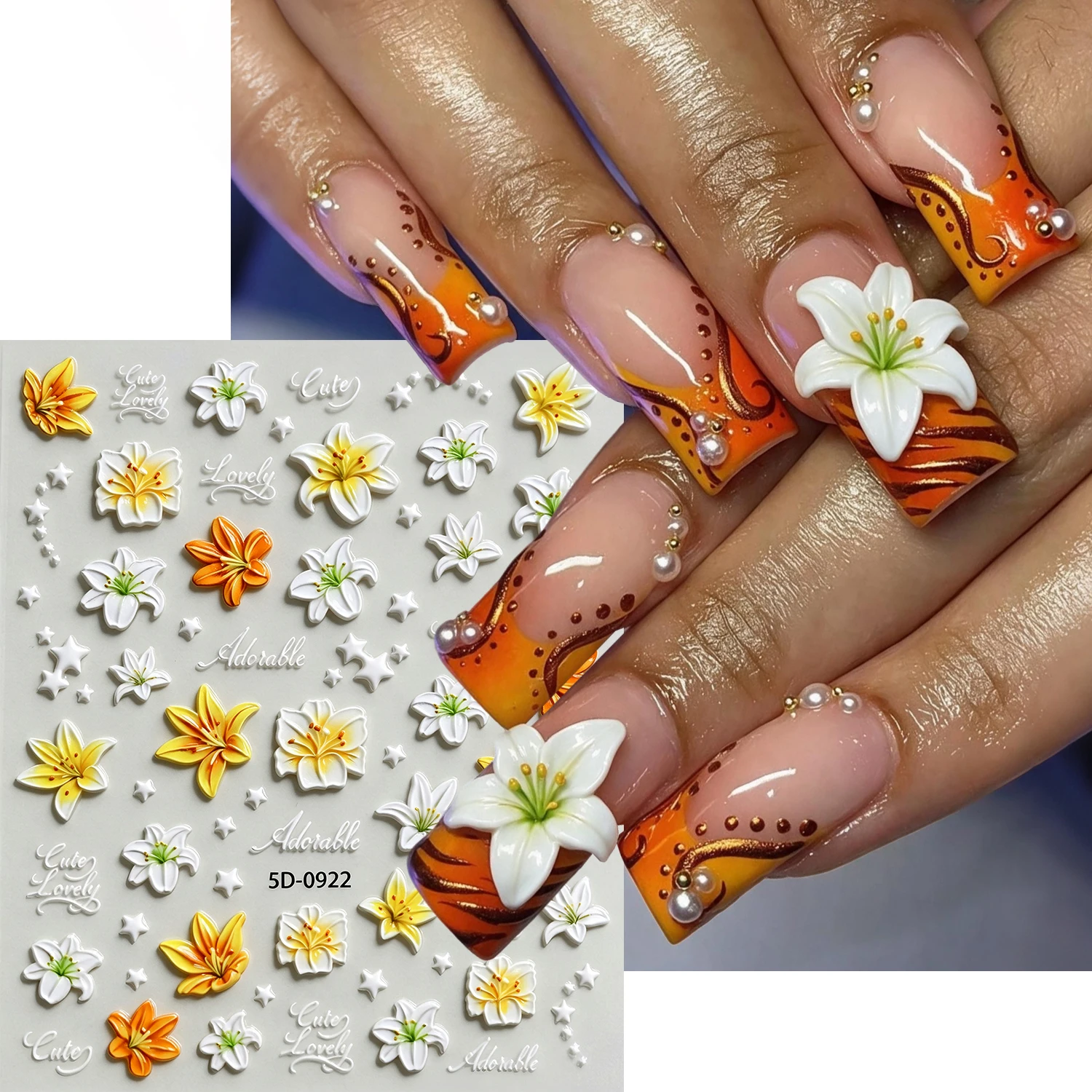 1pcs 5D Embossed Warm Yellow Lilies Nail Stickers Rustic-style Frangipani Flower Nail Decals Petals Blossom Manicure Decoration