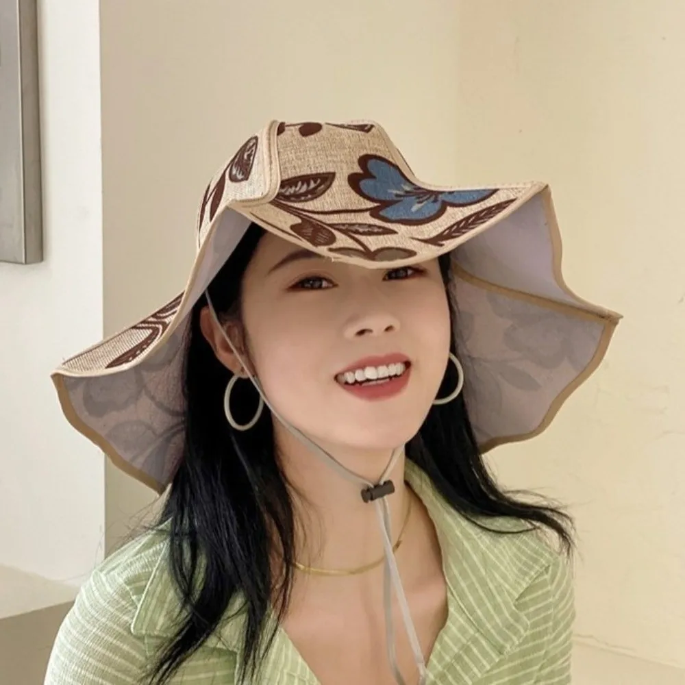 

Breathable Foldable Sunshade Hat Adjustable UV Protection Large Brimmed Fisherman Hat Drawstring Linen Cloth Wide Brim Sun Cap