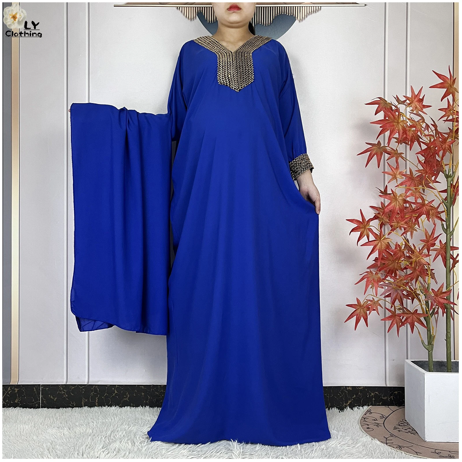 

2025New Muslim Women Long Sleeve Cotton Dress Solid Color Boubou Maxi Islam Women Casual Dress African Loose Abaya with Scarf
